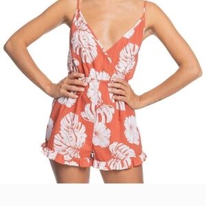 Roxy Tropical Print Romper Rust Orange With White Botanical Floral Pattern